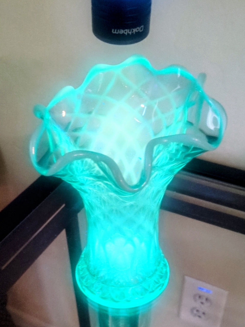 Fenton Blue opalescent glass vase with diamond pattern and ruffled rim. 8"